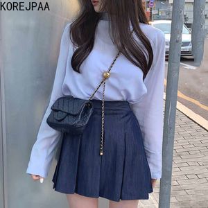 Korejpaa Conjuntos de mujeres Verano Coreano Chic Simple Stand-Up Collar de manga larga Camisa con botones de cintura alta A-Line Falda plisada 210526