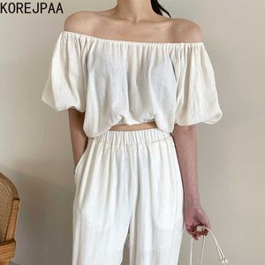 Korejpaa femmes ensembles été coréen Chic Simple All-Match Slim-Line col chemise taille haute jambe droite pantalon décontracté costume 210526