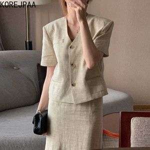 Korejpaa, conjuntos de mujer, verano, temperamento elegante coreano, estilo ligeramente cocinado, cuello en V, chaqueta de tres botones, falda dividida de cintura alta 210526