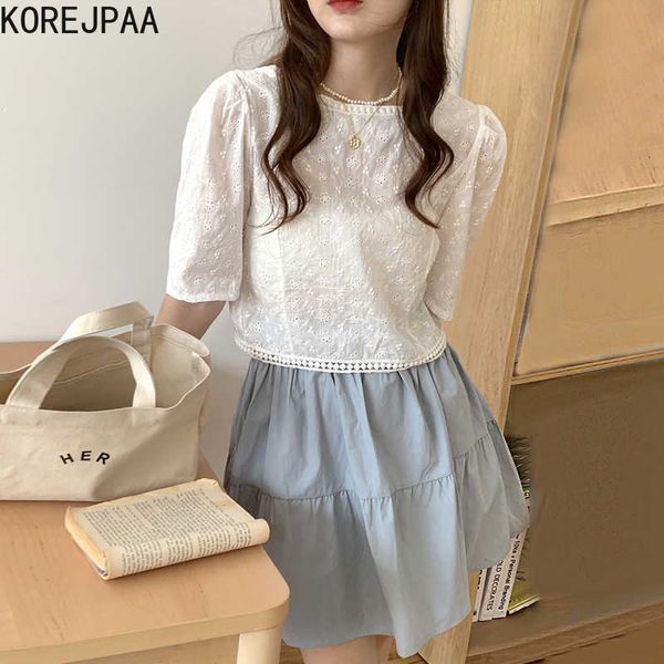 Korejpaa femmes ensembles été coréen dames dentelle douce crochet à lacets devant dos deux pièces chemise taille haute jupe gonflée 210526