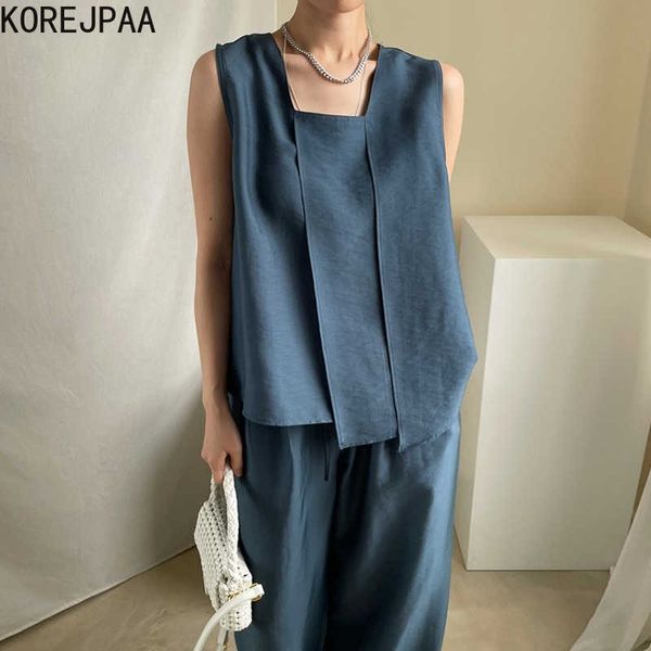 Korejpaa, conjuntos de mujer, verano, temperamento coreano, cuello cuadrado, suelto, fino, Irregular, chaleco, camisa, cintura alta, pantalón de pierna ancha informal, 210526