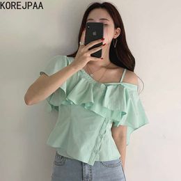Korejpaa vrouwen shirt zomer korea chique vrouwelijke one-line kraag off-shoulder gegolfde schuine knop ontwerp onregelmatige blouse 210526