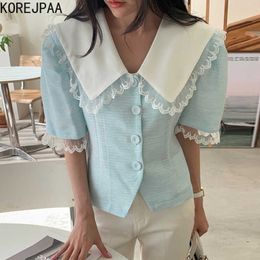 Korejpaa femmes chemise été corée Chic tempérament rétro dentelle poupée col couture simple boutonnage mince manches bouffantes Blouse 210526