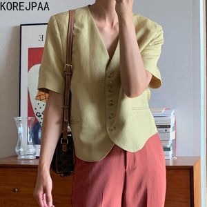 Korejpaa Dames Shirt Zomer Koreaanse Chique All-Match Retro Slanke V-hals Single-Breasted Losse Solid Color Short-Mouwen Blouses 210526