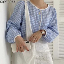 Korejpaa Dames Shirt Zomer Koreaans Chic Girl Gentle Losse Single-Breasted Button Crème Plaid Ronde Hals Contrasterende Blouses 210526