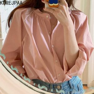Korejpaa femmes chemise été coréen Chic filles doux col rond rose simple boutonnage lâche polyvalent Blouses à manches longues 210526