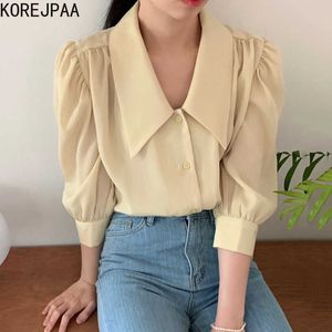 Korejpaa Femmes Chemise Été Coréen Chic Filles All-Match Col Pointu Simple Boutonnage Lâche À Volants Blouses À Manches Bouffantes 210526