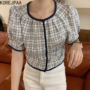 Korejpaa Dames Shirt Zomer Koreaanse Chique Dames Retro Ronde hals Trim Single-Breasted Geploasted Short Puff Sleeve Plaid Blouse 210526