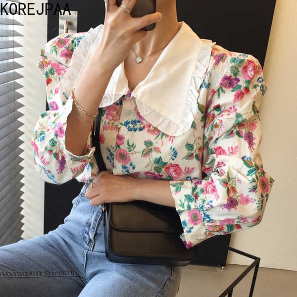 Korejpaa camisa de mujer verano coreano chic damas estilo occidental reducción de edad collar de muñeca pintura al óleo impresión blusa de manga de soplo 210526