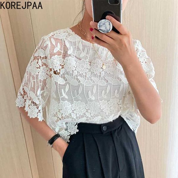 Korejpaa Femmes Chemise Été Coréen Chic Rétro Col Rond Creux Crochet Deux-Usure Lâche Bretelles Bretelles Blouses 210526