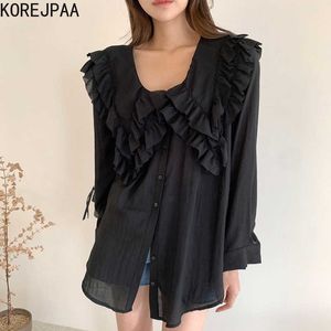 Korejpaa Dames Shirt Zomer Koreaanse Chic Sweet Temperament Dubbellaags Doll Kraag Ruche Stiksels Enkele Breasted Blouses 210526