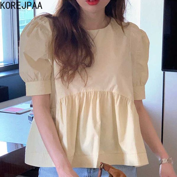 Korejpaa camisa de mujer verano moda coreana Chic dulce cuello redondo amarillo limón suelta Casual Joker manga de burbuja blusa femenina 210526