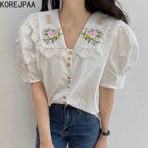 Korejpaa Dames Shirt Zomer Koreaanse Retro Gentle Borduurwerk Bloem Kant Stiksels Revers Single-Breasted Puff Sleeve Blouses 210526