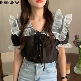 Korejpaa Dames Shirt Zomer Koreaanse Temperament Gentle Revers Hout Oor Stitching Lace-up Micro-doorlatende Puff Sheeve Blouses 210526