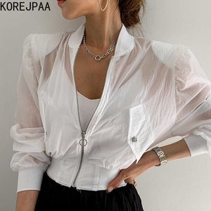 Korejpaa vrouwen shirt zomer gepersonaliseerde kleine stand-up kraag rits ontwerp casual losse lange mouwen zonnebrandcrème blouses 210526