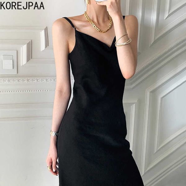 Korejpaa femmes sangle robe coréenne Chic été Sexy mince profond V clavicule Stiletto corps sac hanche couleur unie fronde Vestido 210526