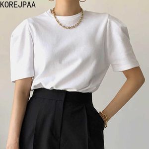 Korejpaa Dames T-shirt Korea Chic Zomer Vrije tijd Wilde O-hals Eenvoudige Losse Split Solid Color Korte Bubble Sleeve Tee Top 210526