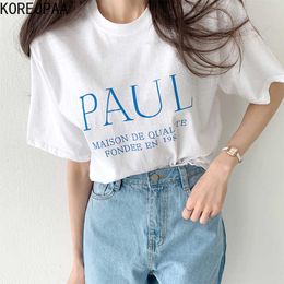 Korejpaa Mujeres Camiseta Verano Coreano Chic All-Match Básico Cuello redondo Impresión de letras suelta Casual Jersey de manga corta 210526