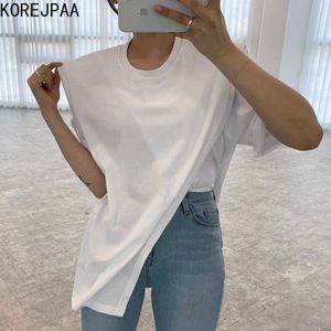 Korejpaa Dames T-shirt Zomer Koreaans Chic Simple Veelzijdig Ronde hals Los Casual Design Onregelmatige Split Korte Mouw Top 210526