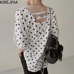 Korejpaa Femmes T-shirt Été Coréen Simple Niche Design Col Rond Deux-Usure Creux Lettre Lâche Imprimé Polka-Dot Pull 210526