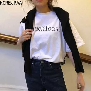 Korejpaa Femmes T-Shirts D'été Coréen Chic Filles Simple Casual All-Match De Base Col Rond Lettre Imprimer Lâche Pulls 210526