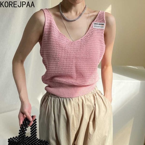 Korejpaa Mujeres Tanques Verano Damas Coreano Chic Nicho Simple Profundo Cuello en V Letra Parche Diseño Casual Sin mangas Chaleco de punto 210526