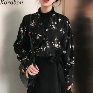 Korobov Auttum fleur imprimer coréen Blusas Vintage élégant femme Blouse col en v à manches longues décontracté Mujer chemises 76356 210308