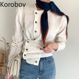 Korobov Automne Hiver Mince Simple Boutonnage Cardigan Irrégulier O Cou À Manches Longues Streetwear Sueter Mujer Pull Élégant 210430