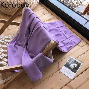 Korobov Elegant OL Vintage Solid Dames Broek Nieuwe Collectie Knop Rits Vrouwelijke Broek Chiffon Casual Wide Been Broek 210430