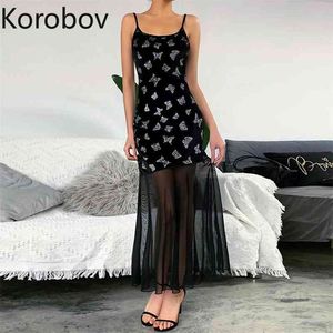 Korobov Harajuku mariposa patrón terciopelo sexy vestido streetwear malla patchwork spaghetti correa vestidos slash cuello robe femme 210430