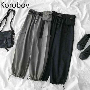 Korobov Harajuku décontracté été femmes pantalons coréen taille haute élastiques Style Preppy pantalon Streetwear poches ceintures Joggers 210430