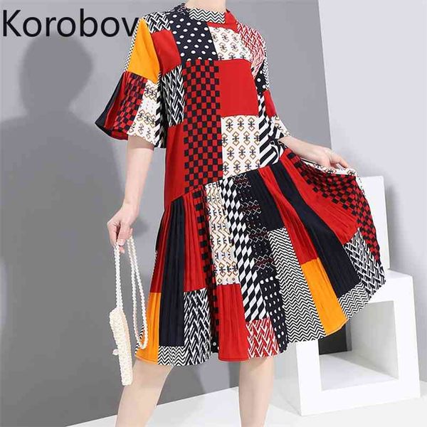 Korobov Harajuku Hit Couleur Patchwork Femmes Robe Mode O Cou Flare Manches Courtes Robes D'été Streetwear Robe Mujer 210430