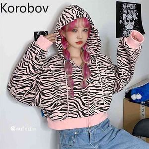 Korobov Harajuku Ulzzang À Manches Longues À Capuche Femmes Manteaux Coréen Streetwear Zipper Léopard Femme Chemises Style Preppy Vestes 210430