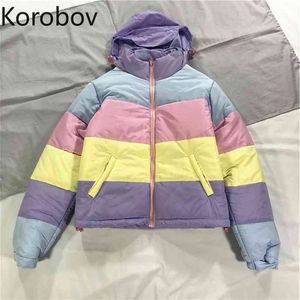 Korobov Japonais Kawaii Rayé Patchwork Femmes Parkas Coréen À Capuchon À Manches Longues Manteaux D'hiver Fermeture À Glissière Col Veste 79053 210430