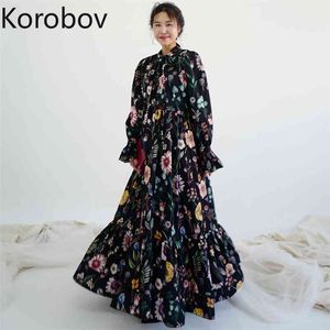 Korobov coréen Chic fleur imprimé femmes robe Vintage élégant col montant taille haute manches évasées robes mode nouveaux robes 210430