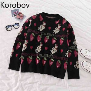 Korobov coreano chic o cuello manga larga mujer suéteres vintage preppy estilo dulce jerseys fresa bordado femenino suéteres 210430