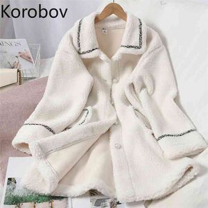 Korobov coréen Chic Outwear épais manteaux automne hiver nouveau Vintage col rabattu vestes à manches longues fausse fourrure poches manteau 210430