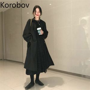 Korobov coréen chic rétro français simple poitrine noir trench-coat taille haute hanche bouffée à manches longues une ligne casaco feminino 210430