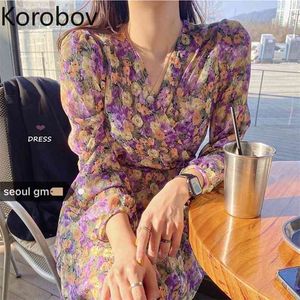 Korobov Koreaanse chique retro print temperament jurk hoge taille hip a line chiffon vestido v-hals kruis ontwerp Ropa lente 210430