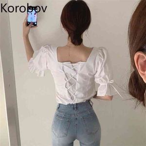 Korobov Coréen Chic Split Bandage V Cou Blouses Vintage Solide Mode Manches Courtes Chemises D'été Bureau Lady Tops 210430