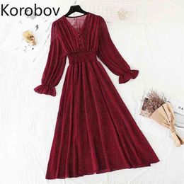 Korobov Koreaanse chique zoete chiffon vrouwen jurk vintage v-hals knop flare mouw vestidos strandstijl boho robe femme 210430