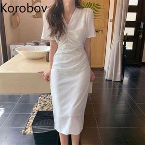 Korobov coréen Chic femmes robe nouvelle mode à manches courtes Vestidos Mujer coréen col en V taille haute solide femmes robes 210430