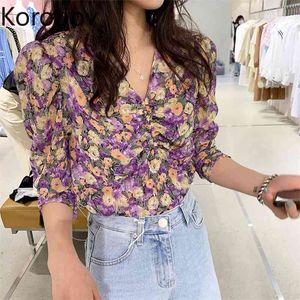 Korobov coreano elegante flor impresión mujeres gasa blusas vintage v cuello manga larga blusas mujer verano camisas femeninas 210430