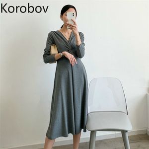 Korobov koreaanse mode elastieken vrouwen jurk vintage effen hoge taille a-lijn vestidos mujer v-hals lange mouw elegante jurken 210430