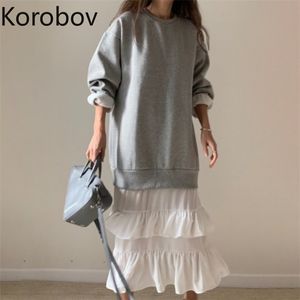 Korobov Koreaanse losse o hals lange mouw vrouwen hoodies jurk vintage Mid lengte dikke vrouwelijke jurken nieuwe chic vestidos 210430