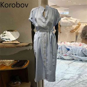 KOROBOV Koreaanse stand kraag korte mouw gestreepte jurk elegante chique veters enig breasted jurken hoge taille robe femme 2A639 210430