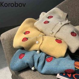 Korobov coréen fraise broderie Lurex femmes Cardigans doux simple boutonnage chandails à col rond Vintage tricot Sueter Mujer 79211 210430
