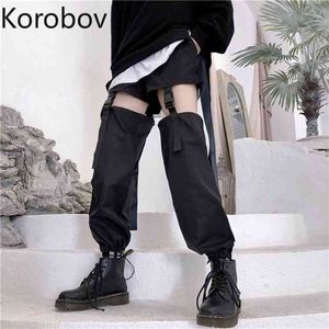 Korobov coréen Streetwear noir évider pantalon femmes Harajuku taille haute pantalon Vintage pantalon croisé 79513 210430