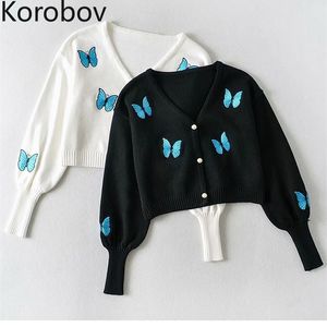 Korobov Koreaanse Streetwear V-hals Lange Mouw Korte Vesten Streetwear Butterfly Borduurwerk Cartoon Sweaters Uitloper Knitwear 210430