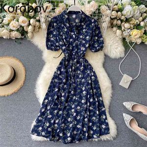 Korobov Koreaanse zoete flowoer print vrouwen jurk nieuwe aankomst chique vintage korte mouw jurken strandstijl chiffon vestidos 210430